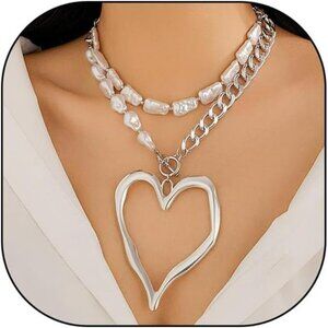 Y2K Chunky Heart Necklace | Big Pearl Choker Layered Set